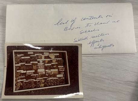 Colour image of an envelope and a photograph of the natural history specimens in Frank Walters' case. The specimens are labeled and laid out so that each can be seen clearly