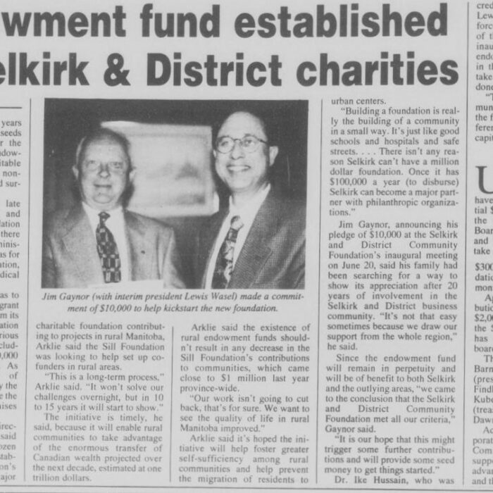 Endowment Fund Established for Selkirk & District Charities, 1995, Selkirk Journal Endowment Fund Established for Selkirk & District Charities