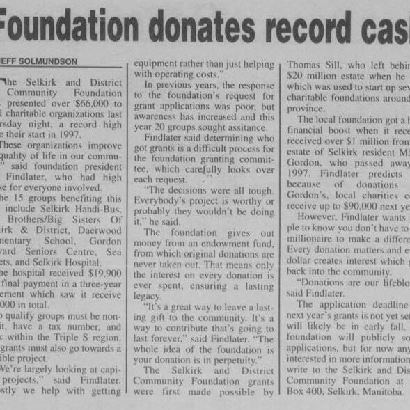 Foundation Donates Record Cash, 2000, Selkirk Journal Foundation Donates Record Cash