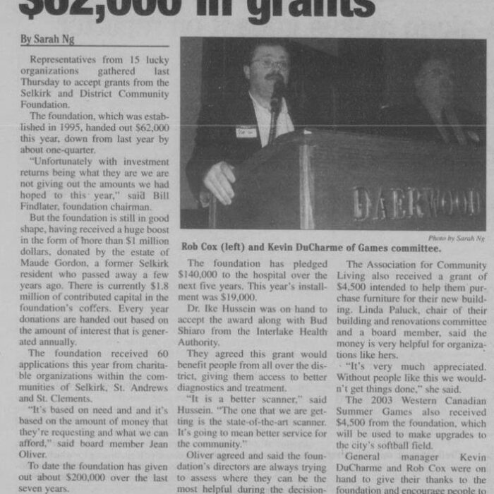 Foundation Hands Out 62,000 in Grants, 2002, Selkirk Journal Foundation Hands Out 62,000 in Grants