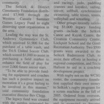 Legacy Fund Assists Local Sports Groups, 2006, Selkirk Journal Legacy Fund Assists Local Sports Groups
