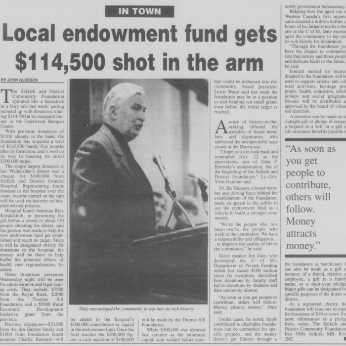 Local Endowment Fund Gets $114,500 Shot in the Arm, 1995, Selkirk Journal Local Endowment Fund Gets $114,500 Shot in the Arm