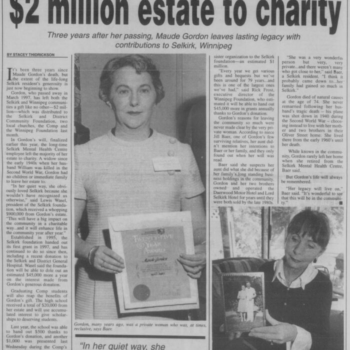 Selkirk Woman Leaves $2 Million Estate to Charity, 2000, Selkirk Journal Selkirk Woman Leaves $2 Million Estate to Charity
