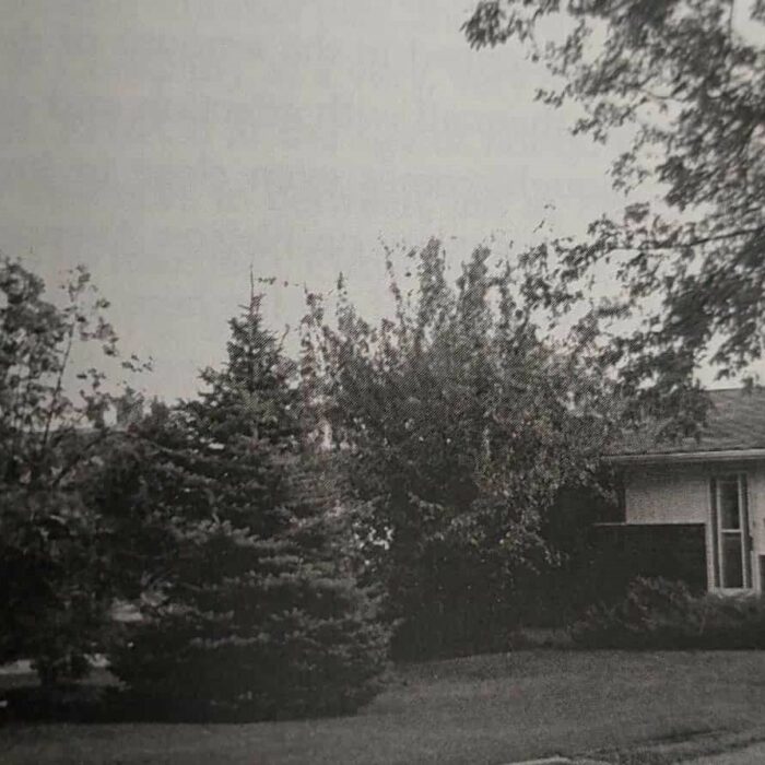 519 Nelson Avenue, c1964, According to Me by Dawn Anderson MacFarlane Black and white image of a house and trees