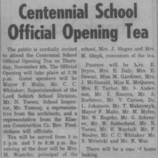 Centennial School Official Opening Tea, 1967, Selkirk Enterprise Centennial School Official Opening Tea
