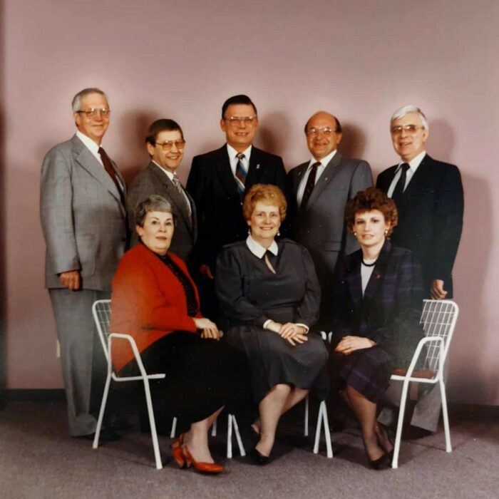 Selkirk Town Council, Back Row, Alan Bud Cooper, Otto Gebhardt, Bud Oliver, Bernard Wagner, Jen Conrad, Front, Dawn MacFarlane, Sharon Shewchuk, Gwen Charles, 1970-1971, Selkirk Museum Collection Colour image of a group of people sitting and standing posing for a picture