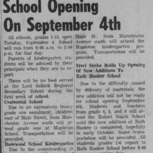 School Opening on September 4th, 1973, Selkirk Enterprise School Opening on September 4th