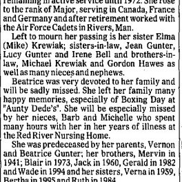 Beatrice Gunter Obituary, 1997, Winnipeg Free Press Beatrice Gunter Obituary