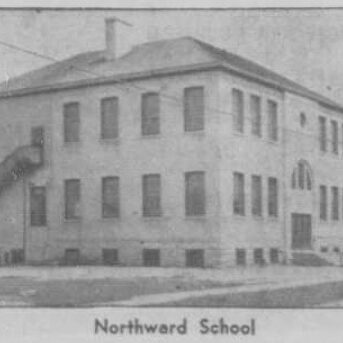 Black and white photo of Northward School. The school is two stories with a basement