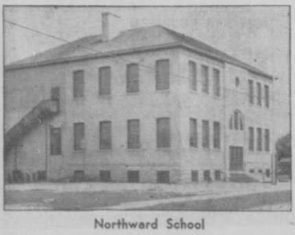 Black and white photo of Northward School. The school is two stories with a basement