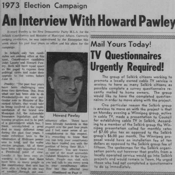 An Interview with Howard Pawley, 1973, Selkirk Enterprise An Interview with Howard Pawley