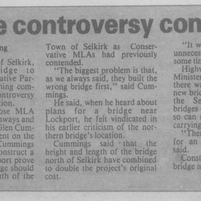 Bridge Controversy Continues, 1987, Selkirk Journal Bridge Controversy Continues