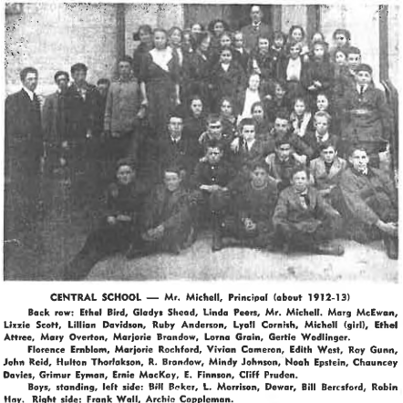 Central School Class Photo Caption, 1912-1913, Selkirk's 75th Anniversary Black and white image of a large group of people. Some of the people are clustered together seated on the floor. There is a caption at the bottom of the photo which lists the names of the people in the photo