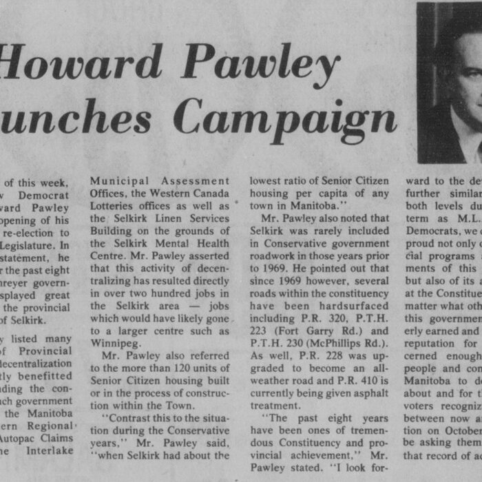 Howard Pawley Launches Campaign, 1977, Selkirk Enterprise Howard Pawley Launches Campaign