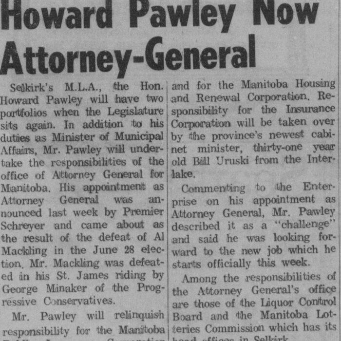 Howard Pawley Now Attorney General, 1973, Selkirk Enterprise Howard Pawley Now Attorney General