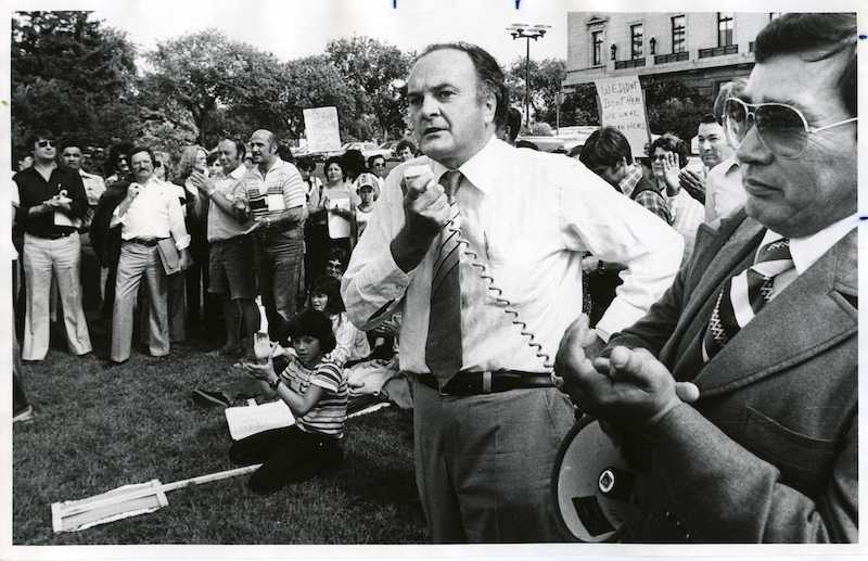 Howard Pawley Speaks to Protesters Outside the Legislature, 1979, UM Digital Archives