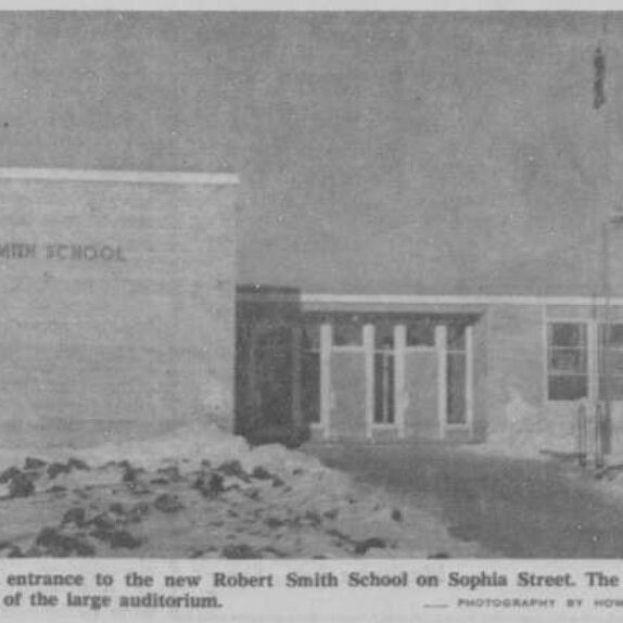 Robert Smith School, 1959, Selkirk Enterprise Black and white image of the front of Robert Smith School