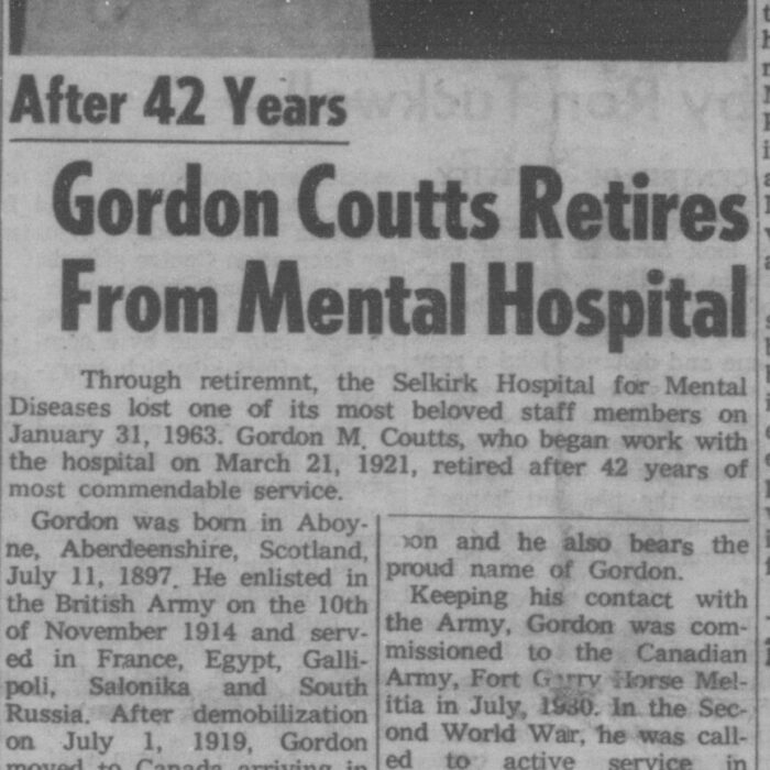 After 42 Years Gordon Coutts Retires from Mental Hospital, 1963, Selkirk Enterprise After 42 Years Gordon Coutts Retires from Mental Hospital
