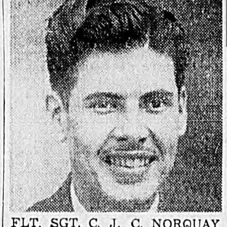 Flt. Sgt. C. J. C. Norquay, 1943, Veterans Canada Black and white image of a young man from the newspaper. The text below the photo reads, 'Flt. Sgt. C. J. C. Norquay