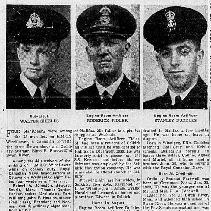 Four Manitobans Lost, Four Westerners Saved in Windflower, 1941, Winnipeg Tribune Four Manitobans Lost, Four Westerners Saved in Windflower