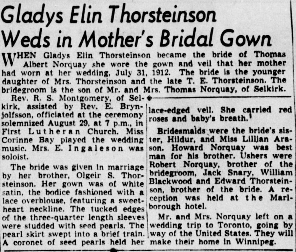 Gladys Elin Thorsteinson Weds in Mother's bridal Gown