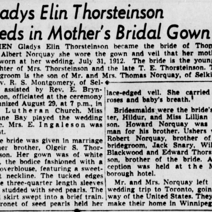 Gladys Elin Thorsteinson Weds in Mother's bridal Gown