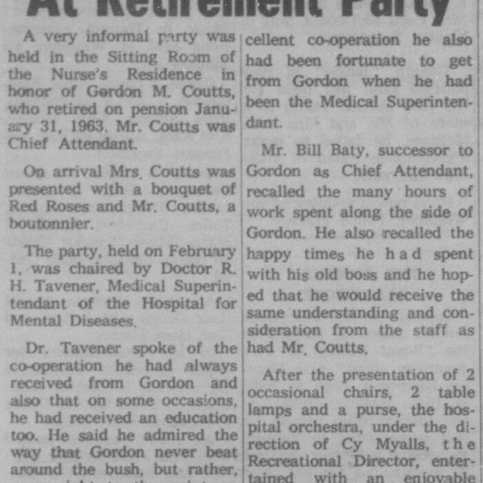 Gordon Coutts Honoured at Retirement Party, 1963, Selkirk Enterprise Gordon Coutts Honoured at Retirement Party