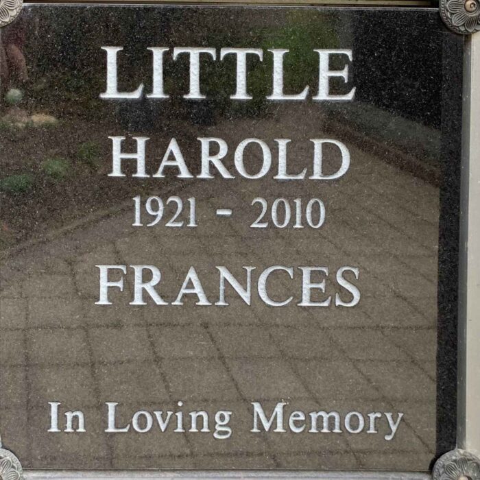 A colour photo of a gravestone. The stone is black and highly polished. THe stone reads 'Little Harold', birth and death dates, and then 'Frances' below the dates. At the bottom it says 'In Loving Memory'