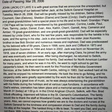Jack Laye Obituary, 2006, Winnipeg Free Press Jack Laye Obituary