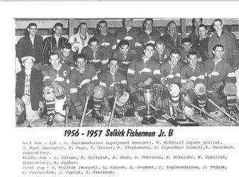 A black and white image of a group of hockey players. The dates and names are listed at the bottom of the photo