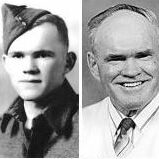 John V. Sinclair Obituary Photo, 2012, Winnipeg Free Press A black and white photo of a young man in military uniform looking to the left of the camera. A photo of the same man, but older, is on the right. He smiles and looks to the right of the camera
