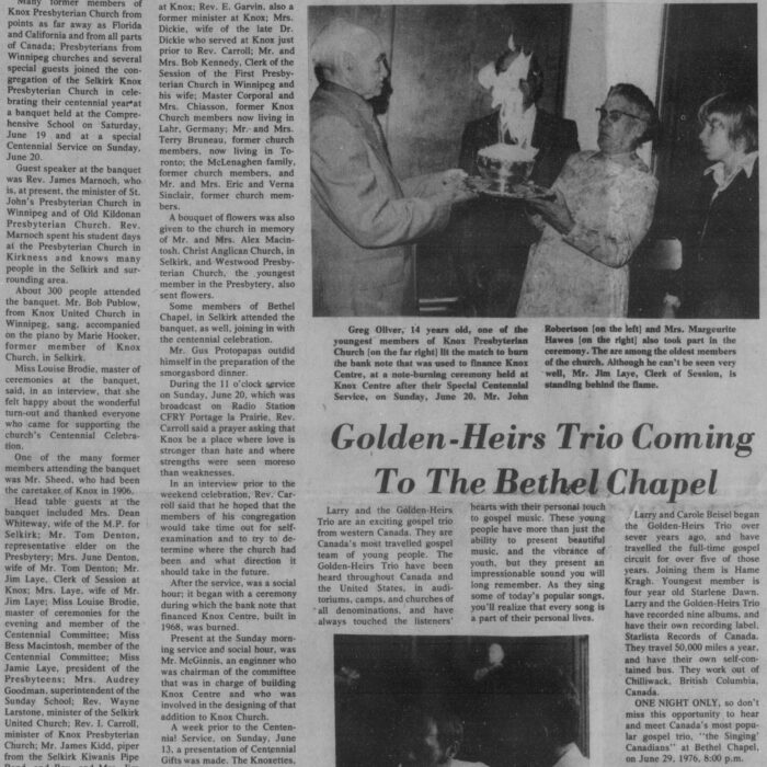 Knox Church Celebrates 100th Year, 1976, Selkirk Enterprise Knox Church Celebrates 100th Year