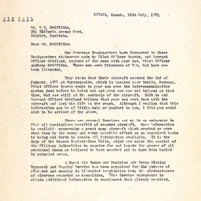 Letter to W.S. Griffiths, 1945, Canadian Virtual War Memorial Letter to W.S. Griffiths