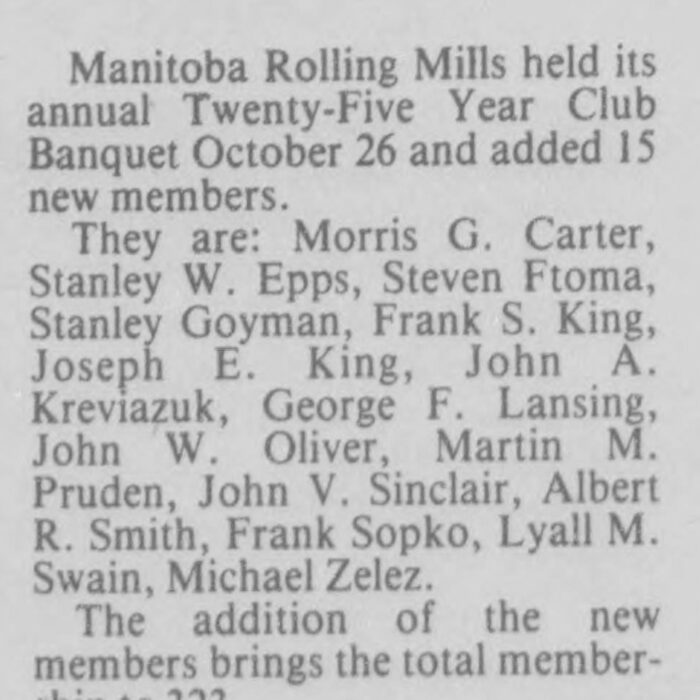 Manitoba Rolling Mills Honours Long Service Employees, 1985, Selkirk Journal Manitoba Rolling Mills Honours Long Service Employees