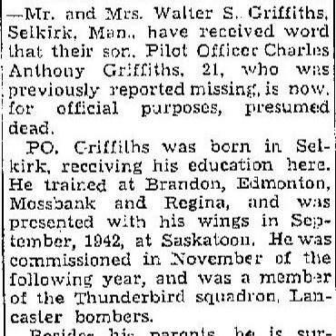 Missing Selkirk Flier Now Presumed Dead, 1944, Winnipeg Free Press Missing Selkirk Flier Now Presumed Dead