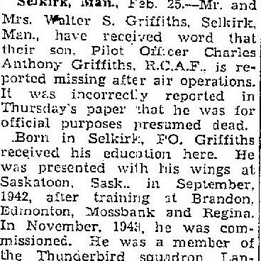 PO. C. Griffiths Missing, Not Dead, 1944, Winnipeg Free Press PO. C. Griffiths Missing, Not Dead