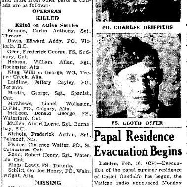R.C.A.F. Lists Two Manitoba Casualties, 1944, Winnipeg Free Press R.C.A.F. Lists Two Manitoba Casualties