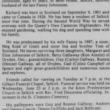 Richard Johnstone Obituary, 1993, Selkirk Journal Richard Johnstone Obituary