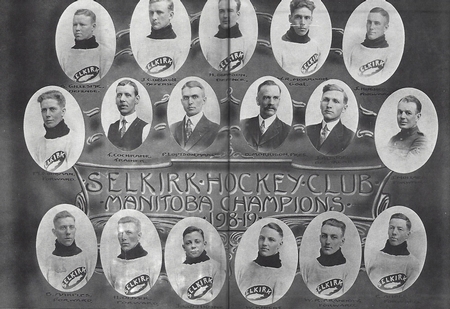 A black and white photo of the Selkirk Fishermen players. In the center is 'Selkirk Hockey Club Manitoba Champions 1984'