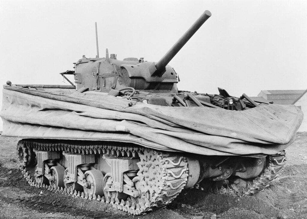 A black and white image of a Sherman Duplex Drive Tank