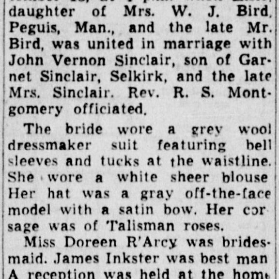 Sinclair Bird Wedding, 1947, Winnipeg Tribune Sinclair Bird Wedding