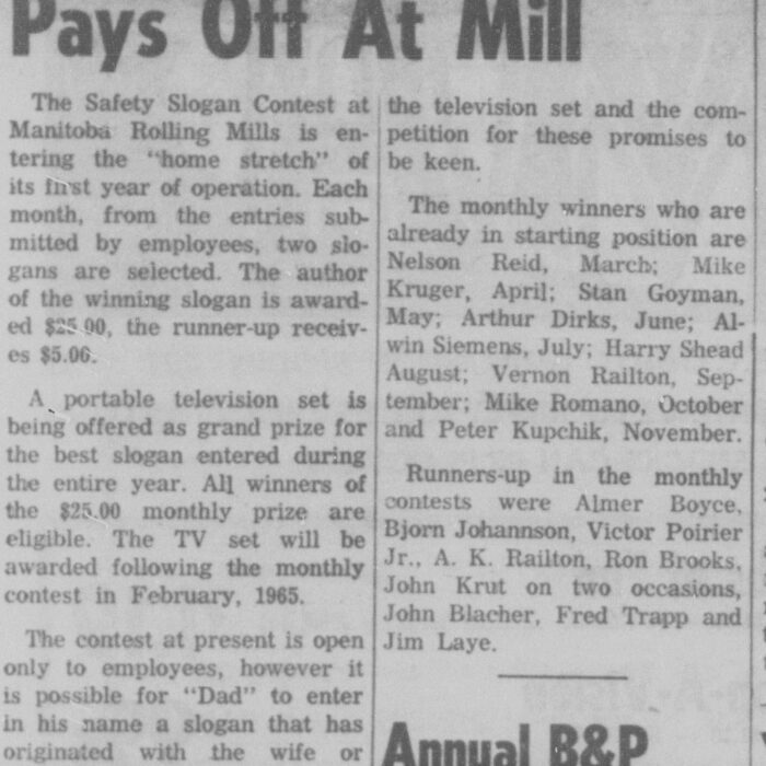 Slogan for Safety Pays Off at Mill, 1964, Selkirk Enterprise Slogan for Safety Pays Off at Mill