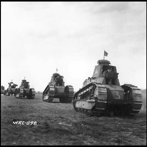 Surplus US M1917 6-Ton Tanks Used for Training, c1939, The Fort Garry Horse Museum and Archives A black and white image of a line of M1917 tanks