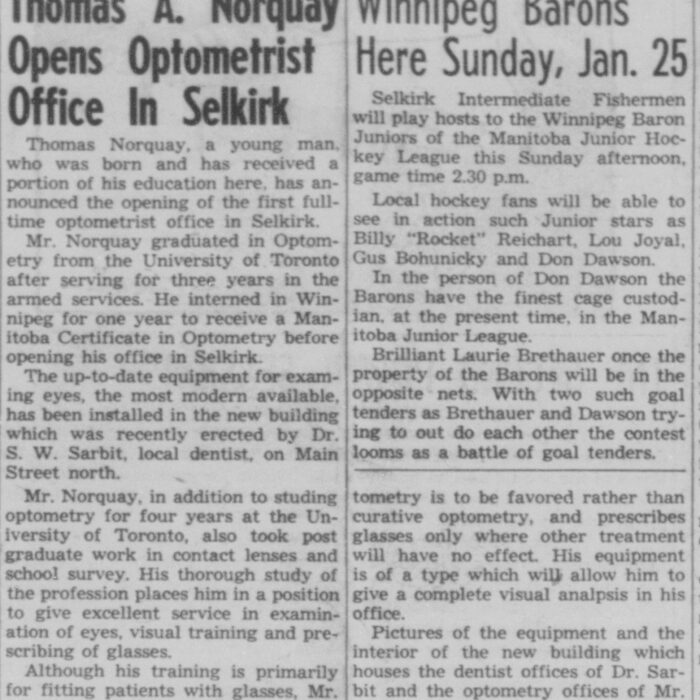 Thomas A. Norquay Opens Optometrist Office in Selkirk