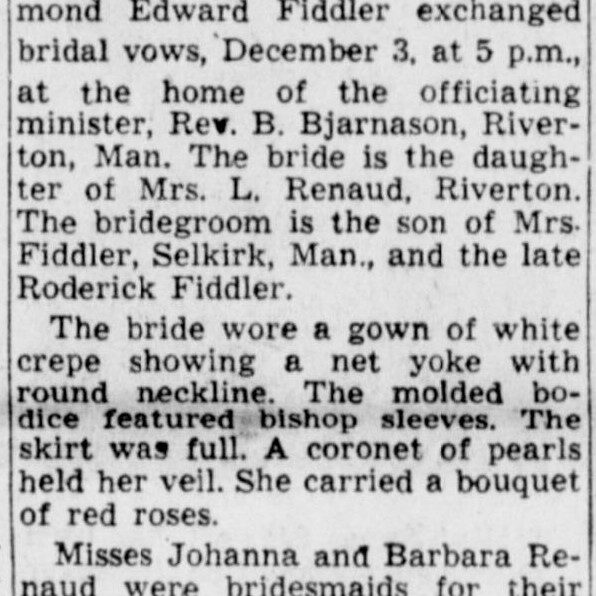 Weddings Fiddler Renaud, 1949, Winnipeg Tribune Weddings Fiddler Renaud