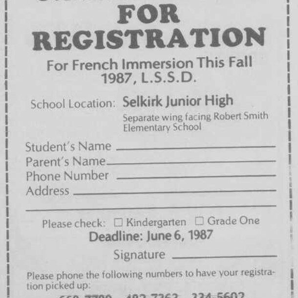 Registration for French Immersion, 1987, Selkirk Journal Registration for French Immersion