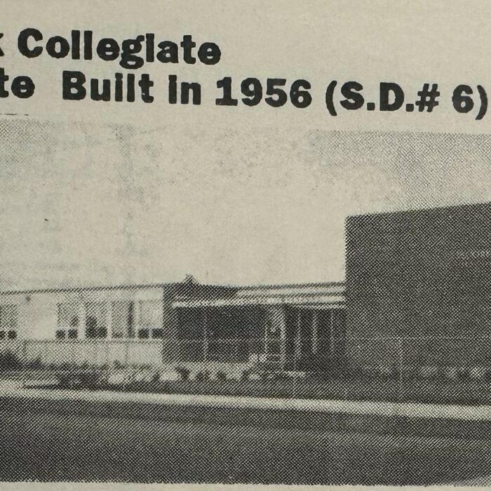 Selkirk Collegiate Institute Built in 1956, Date Unknown, Lord Selkirk School Division No 11 25th Anniversary Calendar Black and white image of a long rectangular school with windows on one side and a large brick gymnasium on the right