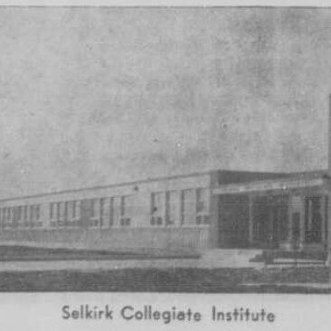 Selkirk Colligate School, 1959, Selkirk Enterprise A black and white image of a long rectangular school with lots of windows on the left side. On the right side of the image is the school's entrance