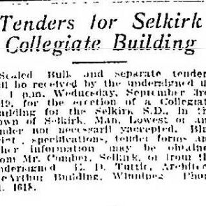 Tenders for Selkirk Collegiate, 1919, Winnipeg Free Press Tenders for Selkirk Collegiate