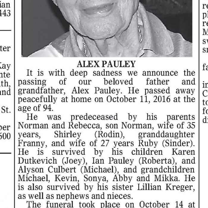 Alex Pauley Obituary, 2016, Winnipeg Free Press Alex Pauley Obituary